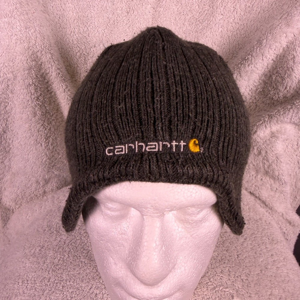 Carhartt Firesteel Beanie‎ Hat Mens One Size Gray Logo Acrylic Ribbed Ear Flaps